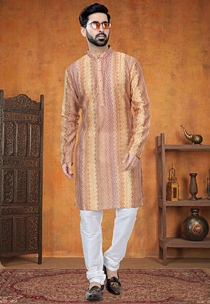 Digital Printed Art Silk Jacquard Kurta Set in Yellow and Orange