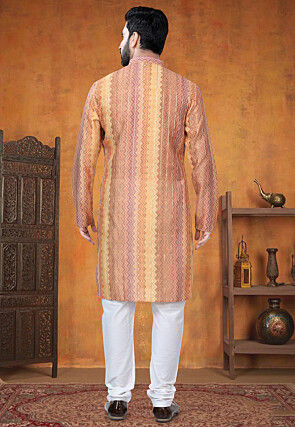 Digital Printed Art Silk Jacquard Kurta Set in Yellow and Orange