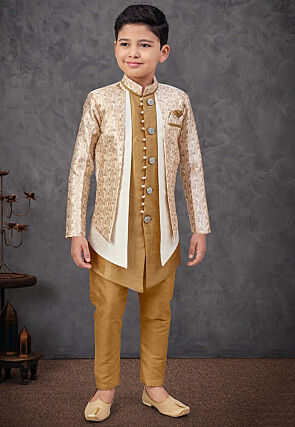 Digital Printed Art Silk Jacquard Layered Sherwani in Beige and Mustard