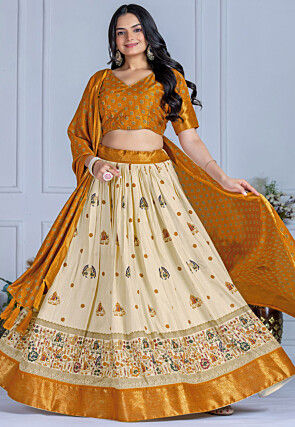 Digital Printed Art Silk Jacquard Lehenga in Cream