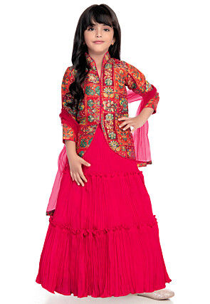 Digital Printed Art Silk Jacquard Lehenga in Fuchsia