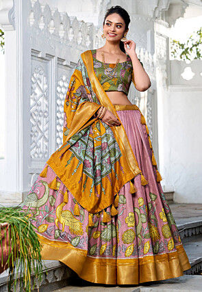 Digital Printed Art Silk Lehenga in Pink