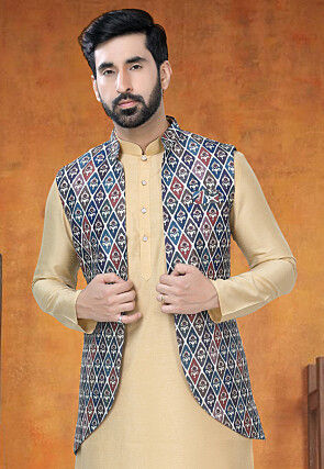 Digital Printed Art Silk Jacquard Nehru Jacket in Blue and Multicolor