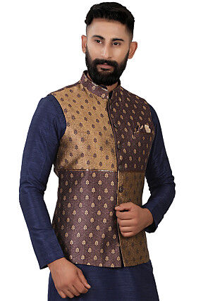 Digital Printed Art Silk Jacquard Nehru Jacket in Brown
