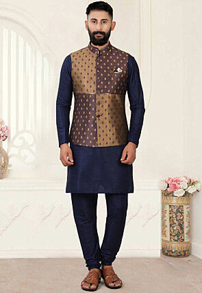 Digital Printed Art Silk Jacquard Nehru Jacket in Brown
