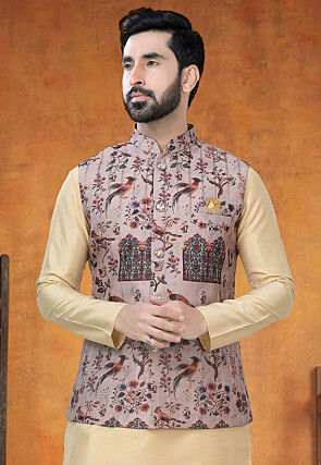 Digital Printed Art Silk Jacquard Nehru Jacket in Brown