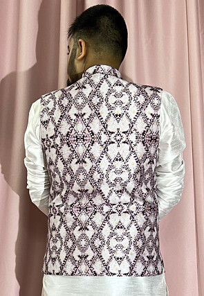 Digital Printed Art Silk Jacquard Nehru Jacket in Light Purple