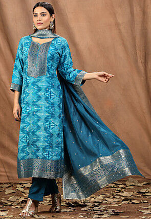 Digital Printed Art Silk Jacquard Pakistani Suit in Blue