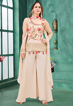 Digital Printed Art Silk Jacquard Pakistani Suit in Cream
