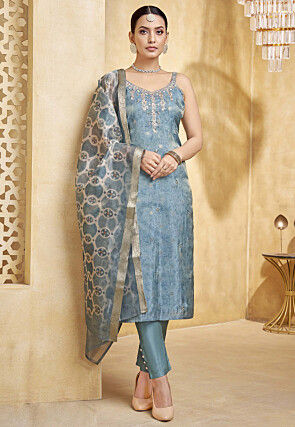 Digital Printed Art Silk Jacquard Pakistani Suit in Dusty Blue
