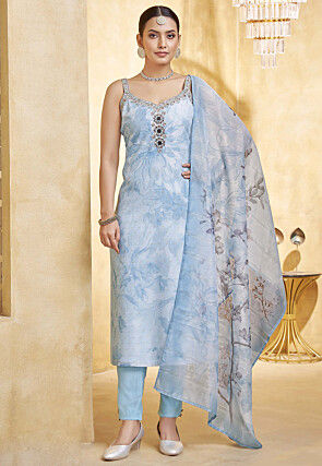 Digital Printed Art Silk Jacquard Pakistani Suit in Light Blue