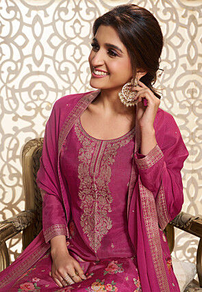 Digital Printed Art Silk Jacquard Pakistani Suit in Pink