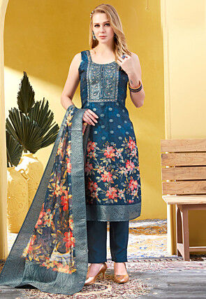 Digital Printed Art Silk Jacquard Pakistani Suit in Teal Blue