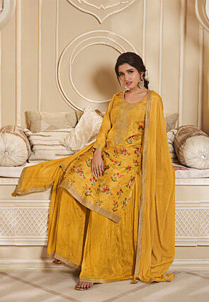 Digital Printed Art Silk Jacquard Pakistani Suit in Yellow