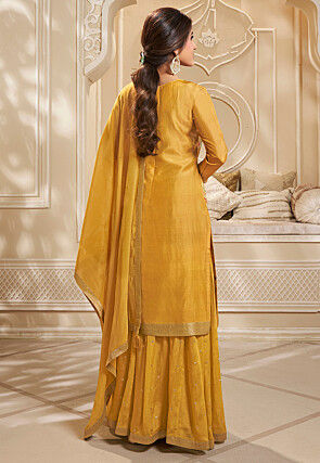 Digital Printed Art Silk Jacquard Pakistani Suit in Yellow