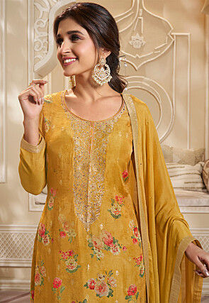 Digital Printed Art Silk Jacquard Pakistani Suit in Yellow