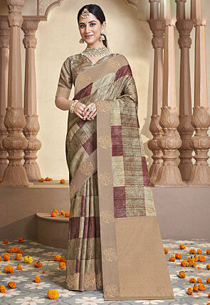 Digital Printed Art Silk Jacquard Saree in Beige