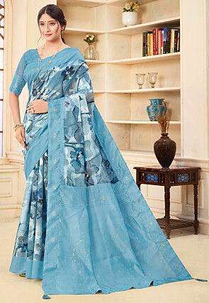 Digital Printed Art Silk Jacquard Saree in Blue
