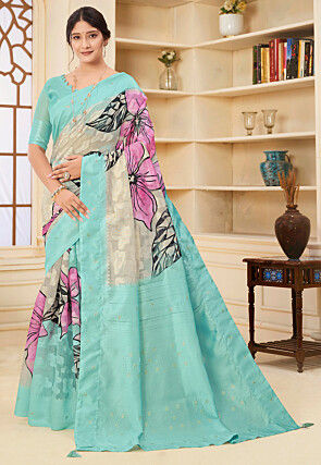 Digital Printed Art Silk Jacquard Saree in Cream and Blue