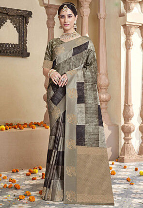 Digital Printed Art Silk Jacquard Saree in Dark Olive Green