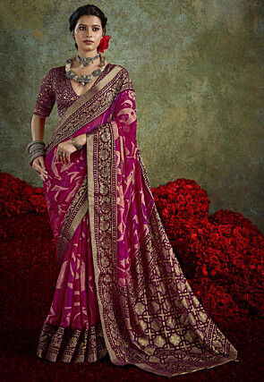 Digital Printed Art Silk Jacquard Saree in Fuchsia