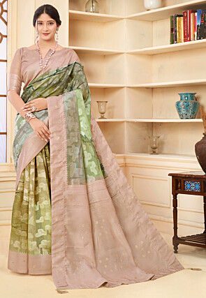 Digital Printed Art Silk Jacquard Saree in Green