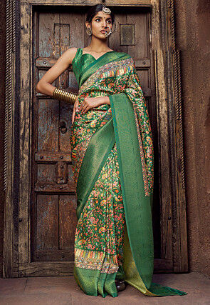Digital Printed Art Silk Jacquard Saree in Green