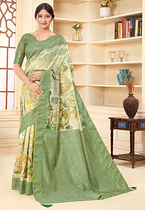 Digital Printed Art Silk Jacquard Saree in Light Green
