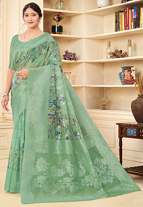 Digital Printed Art Silk Jacquard Saree in Light Green