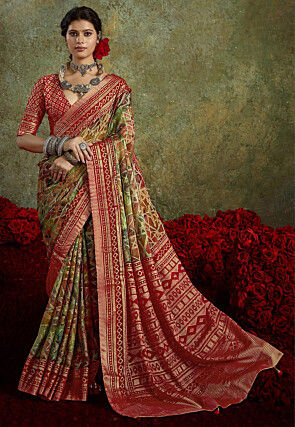 Digital Printed Art Silk Jacquard Saree in Light Green