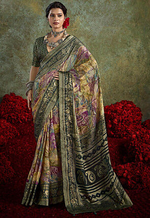 Digital Printed Art Silk Jacquard Saree in Multicolor