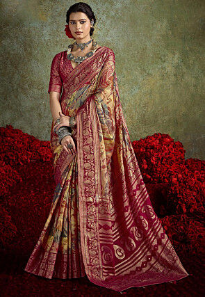 Digital Printed Art Silk Jacquard Saree in Multicolor
