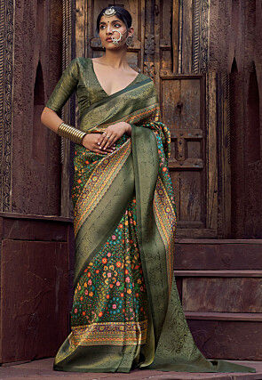 Digital Printed Art Silk Jacquard Saree in Olive Green
