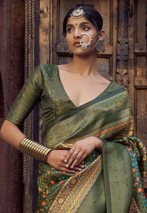 Digital Printed Art Silk Jacquard Saree in Olive Green