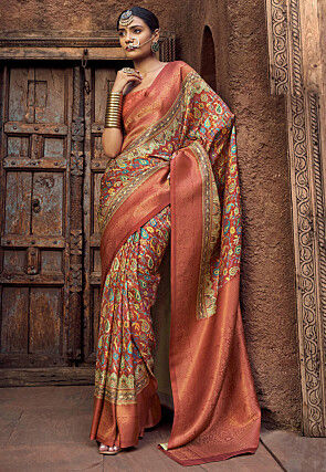 Digital Printed Art Silk Jacquard Saree in Orange