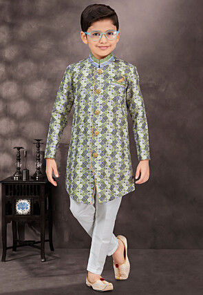 Digital Printed Art Silk Jacquard Sherwani in Green and Multicolor