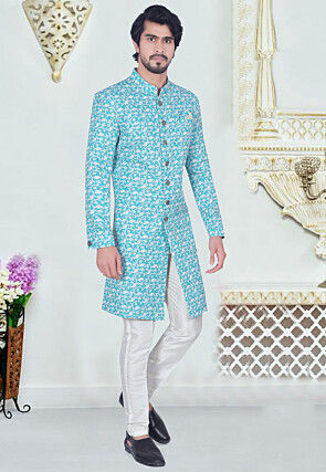 Digital Printed Art Silk Jacquard Sherwani in Light Blue