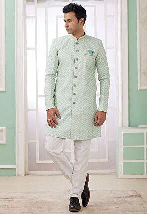 Digital Printed Art Silk Jacquard Sherwani in Light Green
