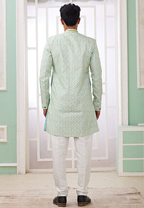 Digital Printed Art Silk Jacquard Sherwani in Light Green