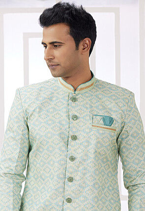 Digital Printed Art Silk Jacquard Sherwani in Light Green