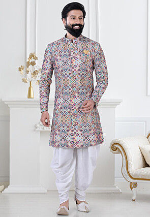 Digital Printed Art Silk Jacquard Sherwani in Multicolor