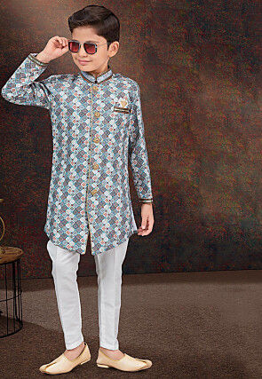 Digital Printed Art Silk Jacquard Sherwani in Off White and Multicolor