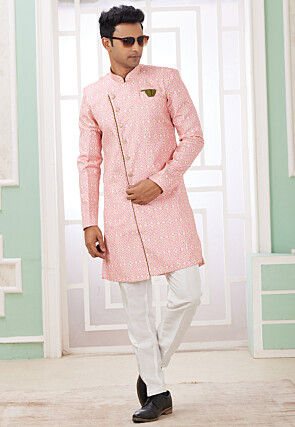 Digital Printed Art Silk Jacquard Sherwani in Peach
