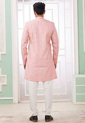 Digital Printed Art Silk Jacquard Sherwani in Peach