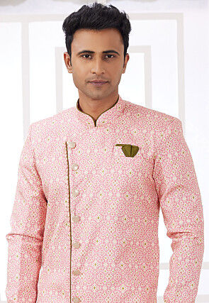 Digital Printed Art Silk Jacquard Sherwani in Peach