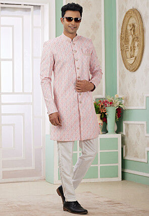 Digital Printed Art Silk Jacquard Sherwani in Pink
