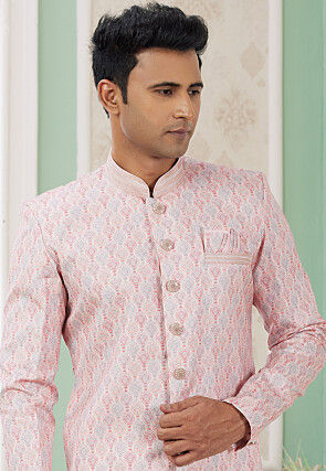 Digital Printed Art Silk Jacquard Sherwani in Pink