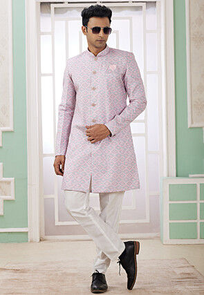 Digital Printed Art Silk Jacquard Sherwani in Pink