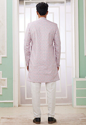 Digital Printed Art Silk Jacquard Sherwani in Pink
