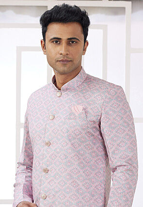 Digital Printed Art Silk Jacquard Sherwani in Pink